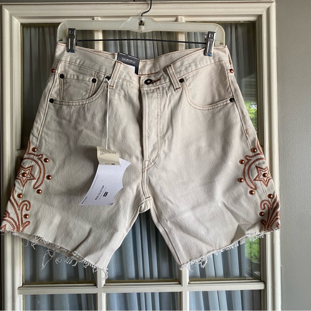 Levi's 501 Cutoff Cream Jean Shorts with Embroidery and Studs